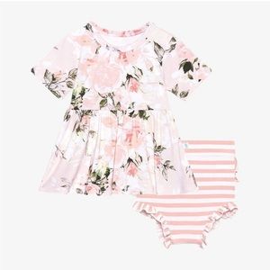Vintage Pink Rose Short Sleeve Peplum Ruffled Bummie Set